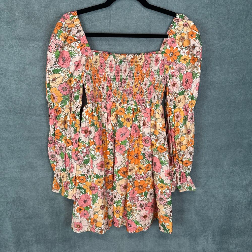 Gianni Bini Dress Womens Extra Small Orange Floral Smocked Babydoll Cottage Boho - Picture 5 of 11